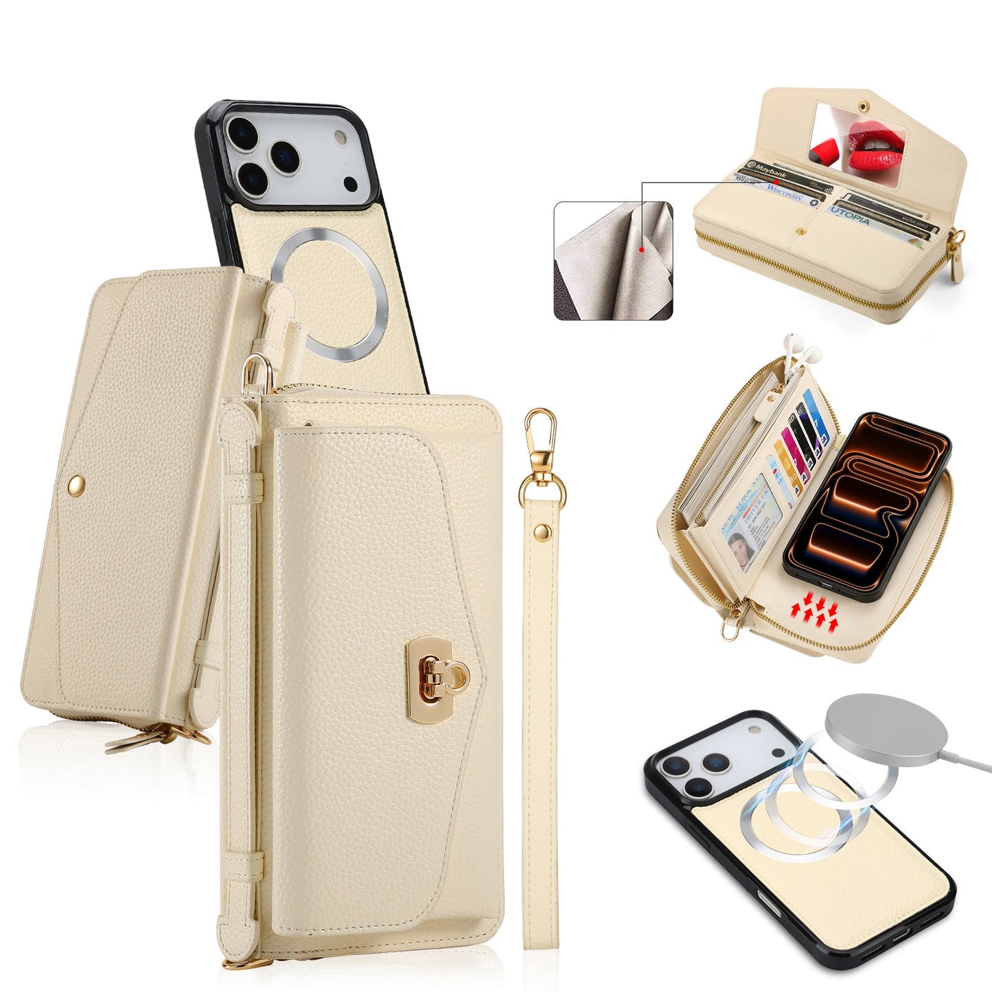 New Crossbody 2-In-1 RFID Blocking Zipper Wallet Case for iPhone 17 Pro Max