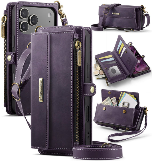 New RFID Blocking Zipper Wallet Supports Wireless Charging with Long and Short Lanyard Leather Phone Case for iPhone 17 Pro Max