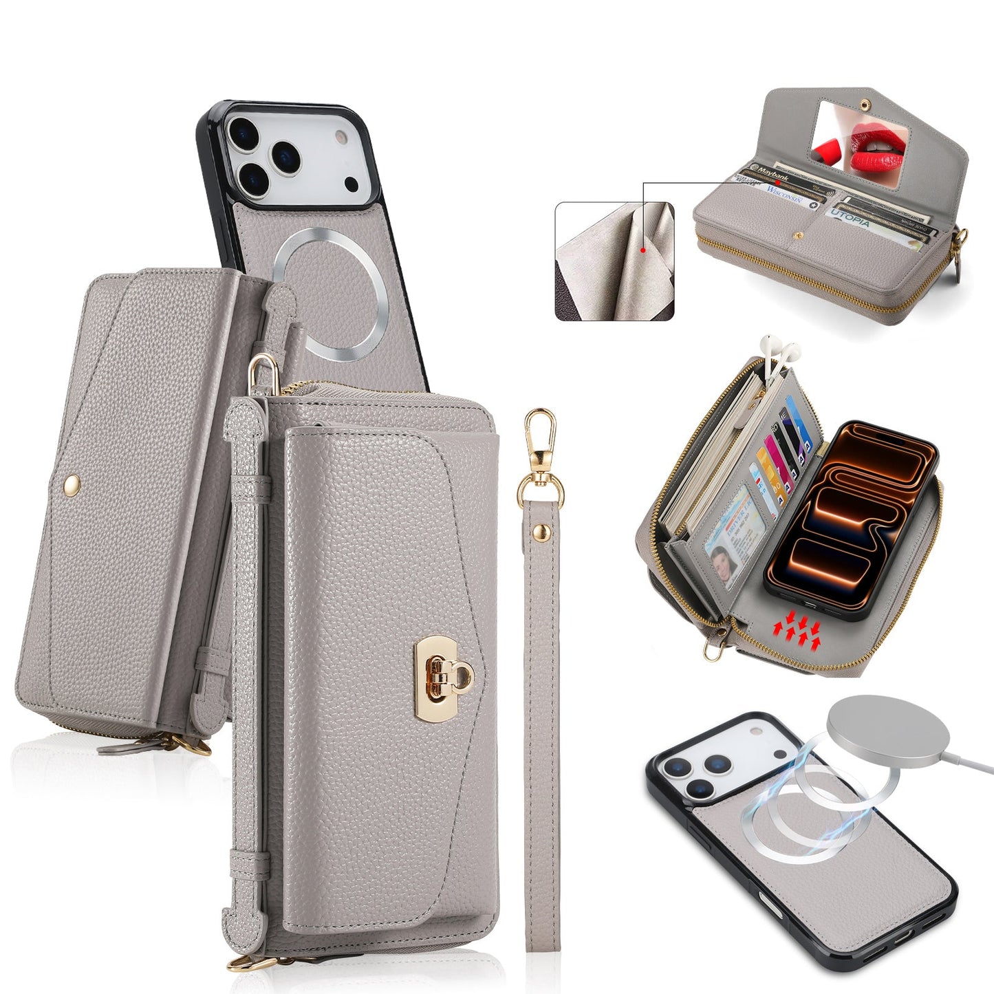 New Crossbody  2-In-1 RFID Blocking Zipper Wallet Case for iPhone 17 Pro Max