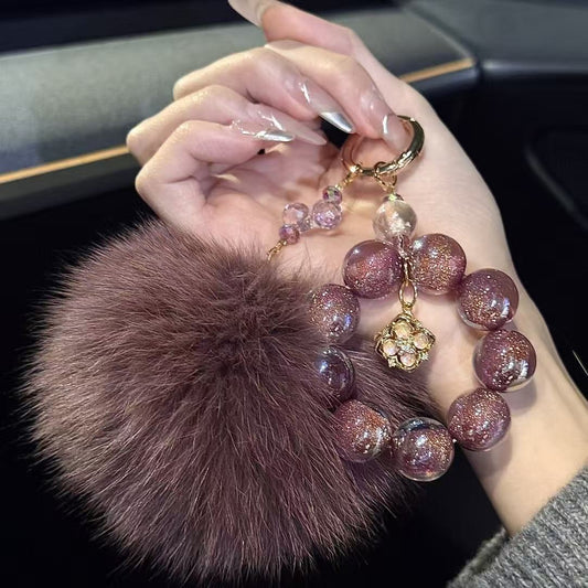 New Aurora Crystal & Fox Fur Charm Keychain Phone Lanyard
