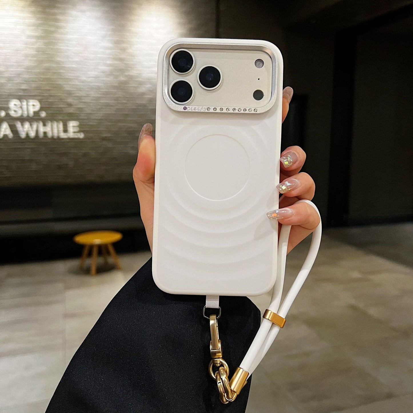 New Wavy-textured Sparkling Diamond Phone Case with Lanyard for iPhone 17 Pro Max