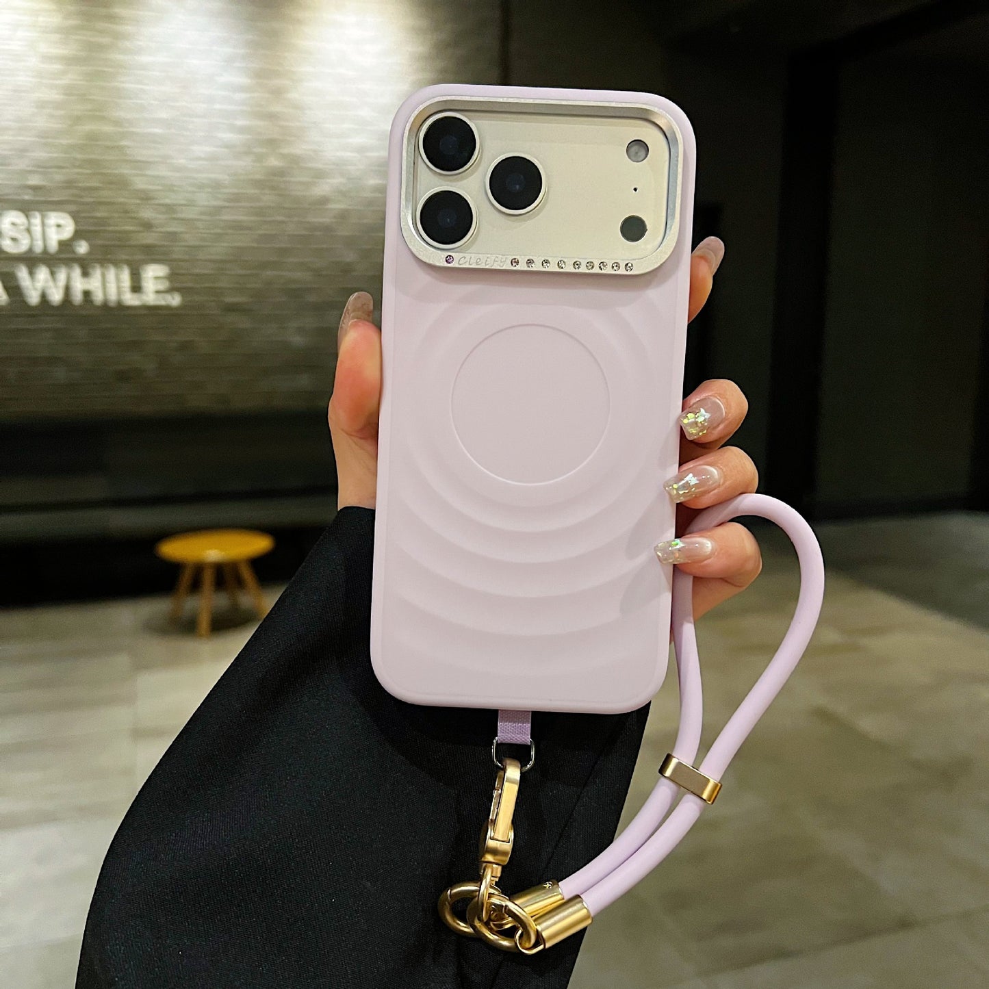 New Wavy-textured Sparkling Diamond Phone Case with Lanyard for iPhone 17 Pro Max