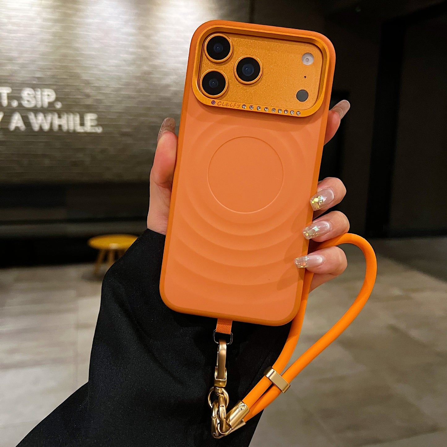 New Wavy-textured Sparkling Diamond Phone Case with Lanyard for iPhone 17 Pro Max