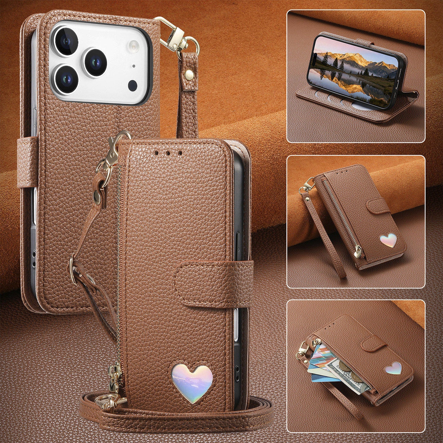 New Love Crossbody Zipper Wallet Leather Phone Case for iPhone 17 Pro Max