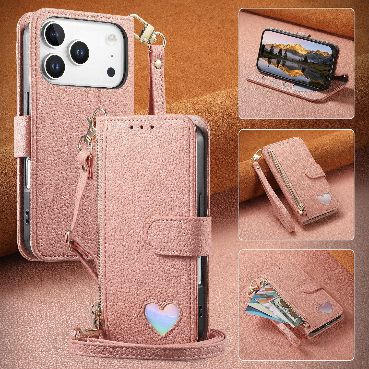 New Love Crossbody Zipper Wallet Leather Phone Case for iPhone 17 Pro Max