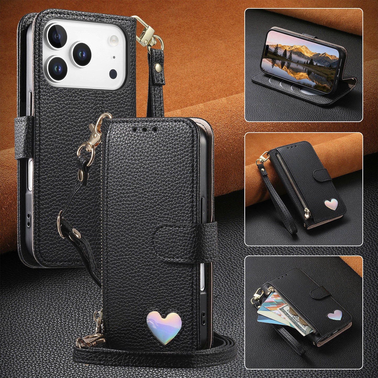 New Love Crossbody Zipper Wallet Leather Phone Case for iPhone 17 Pro Max
